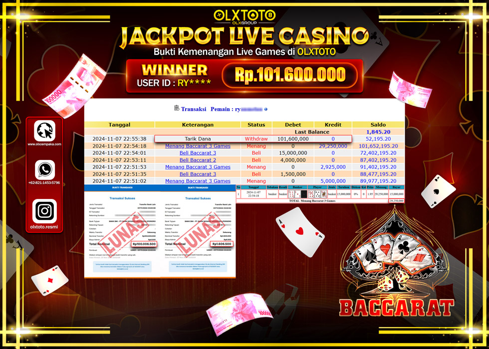 OLXTOTO JACKPOT  LIVE GAMES BACCARAT 3 Rp.101.600.000.,- LUNAS