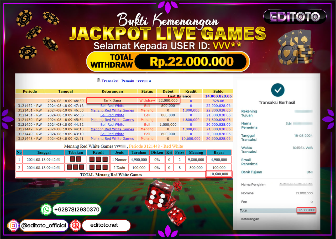 JACKPOT LIVE GAME RED/WHITE Rp.22.000.000.,- LUNAS