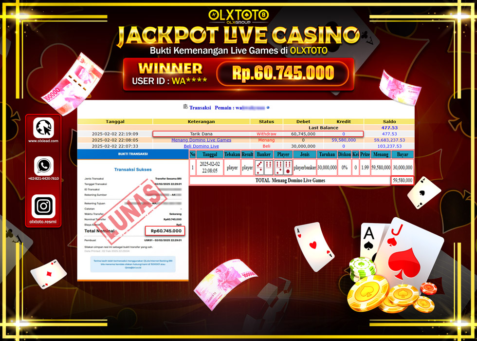 OLXTOTO JACKPOT  LIVE GAMES DOMINO LIVE Rp.60.745.000.,- LUNAS
