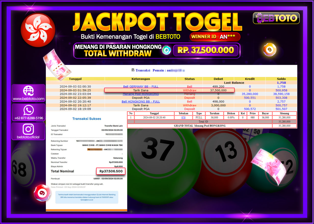 JACKPOT TOGEL BEBTOTO HONGKONG POOLS Rp.37.500.000.,- LUNAS