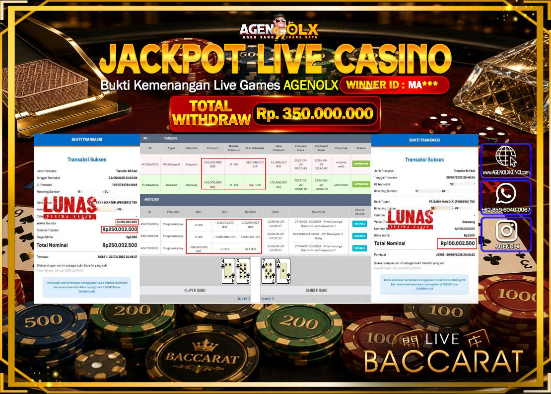 AGENOLX JACKPOT LIVE CASINO PRIVE LOUNGE BACCARAT WITH SQUEEZE 1 Rp 350.000.000  - LUNAS