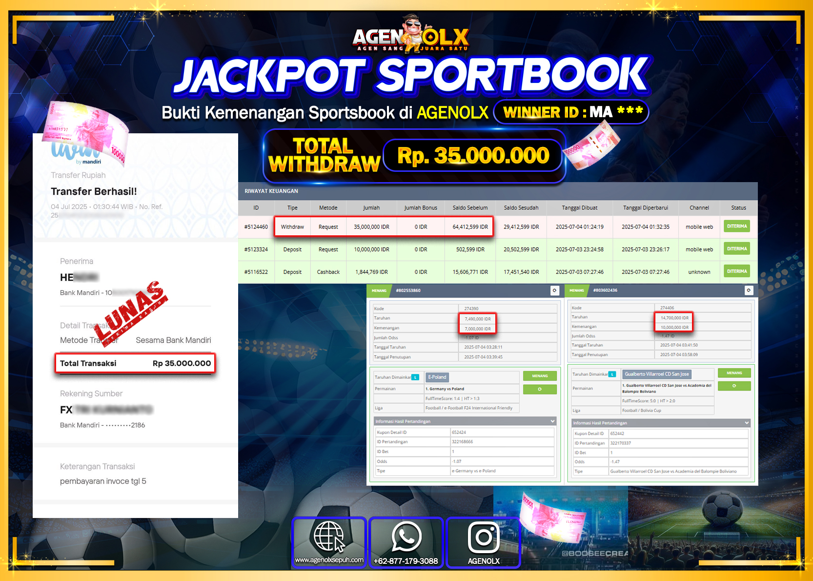 AGENOLX JACKPOT  SPOORTBOK   Rp 35.000.000,- LUNAS