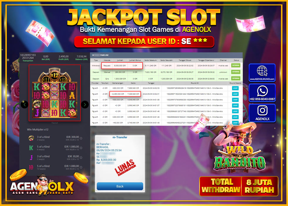 AGENOLX JACKPOT SLOT WILD BANDITO Rp.8.000.000,- LUNAS