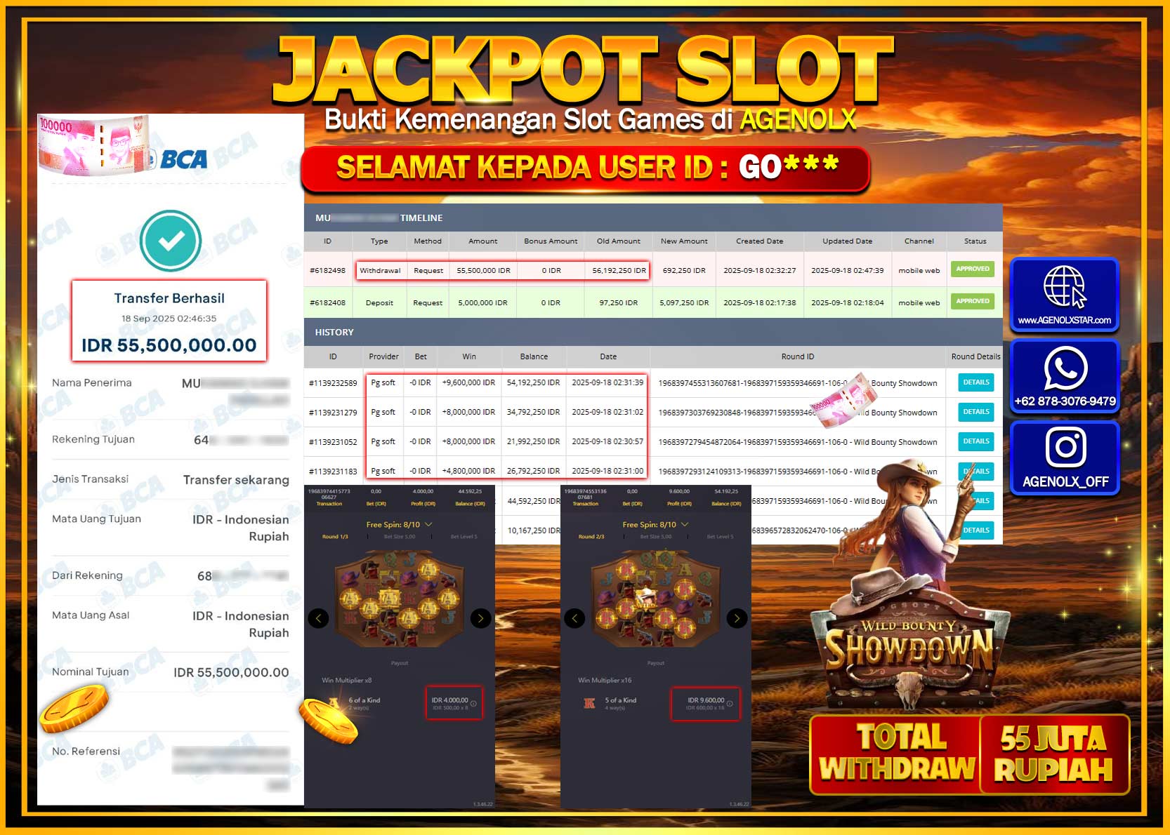 AGENOLX JACKPOT SLOT WILD BOUNTY SHOWDOWN  Rp 55,500,000,- LUNAS