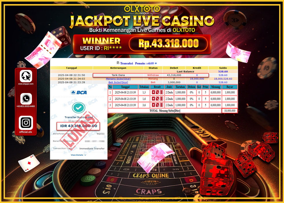 BINTANGSLOT77 JACKPOT  LIVE GAMES SICBO DICE Rp.43.318.000.,- LUNAS