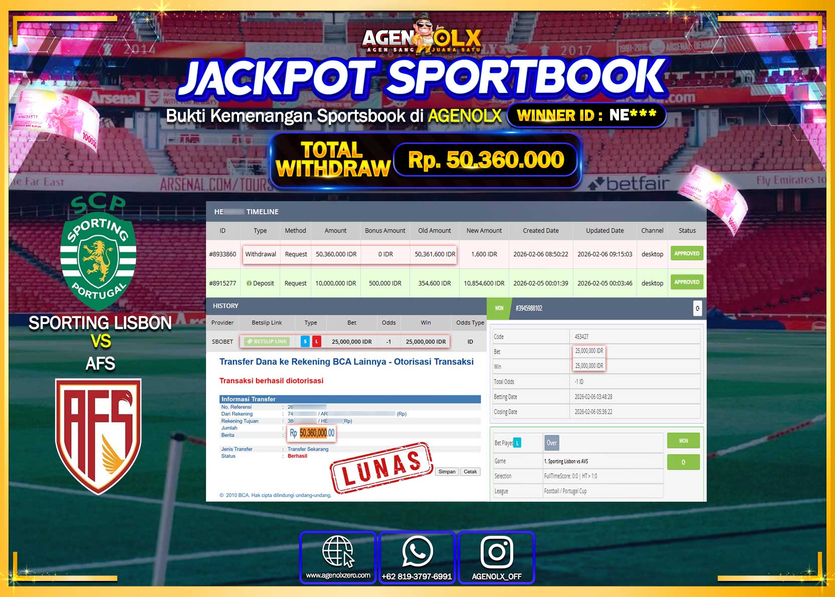 AGENOLX JACKPOT SPORTBOOK Rp 50.360.000 - LUNAS