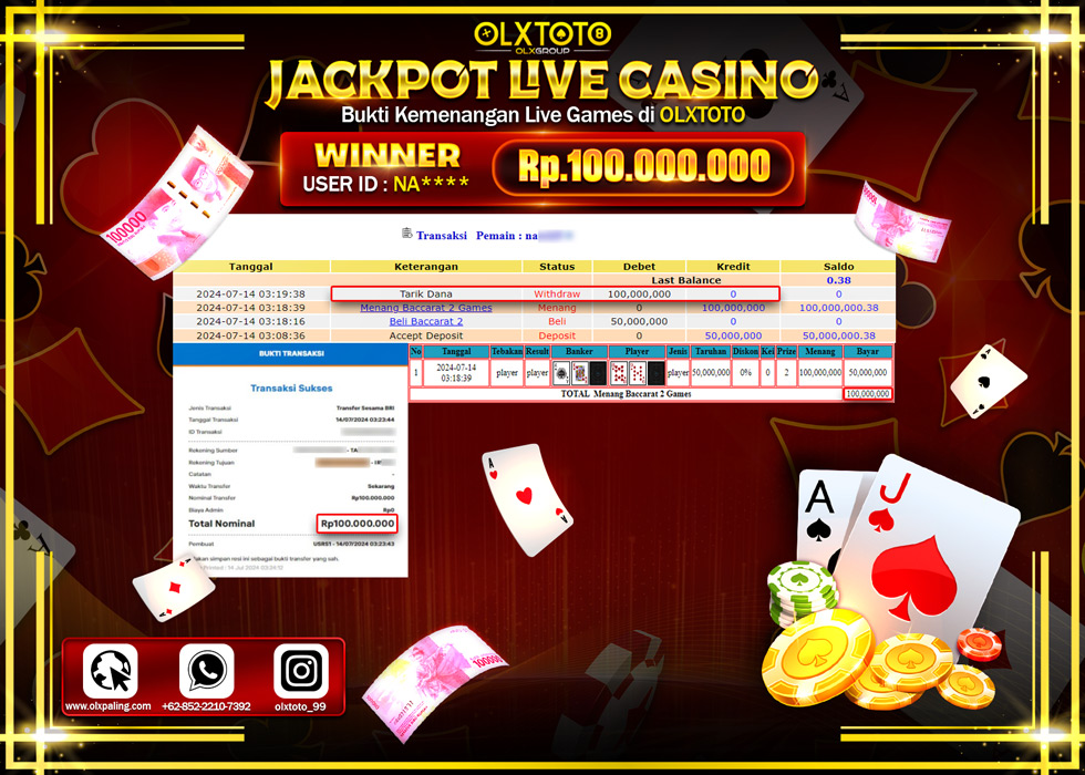 OLXTOTO JACKPOT  LIVE GAMES BACCARAT 2 Rp.100.000.000.,- LUNAS