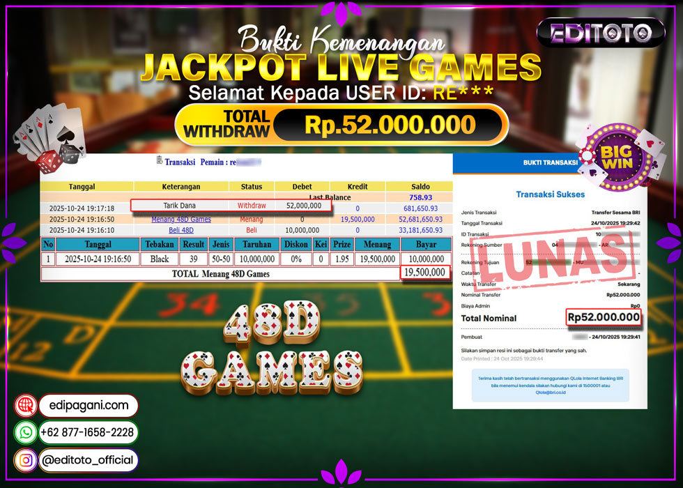 JACKPOT EDITOTO LIVE GAMES 48D GAMES Rp. 52.000.000.,- LUNAS