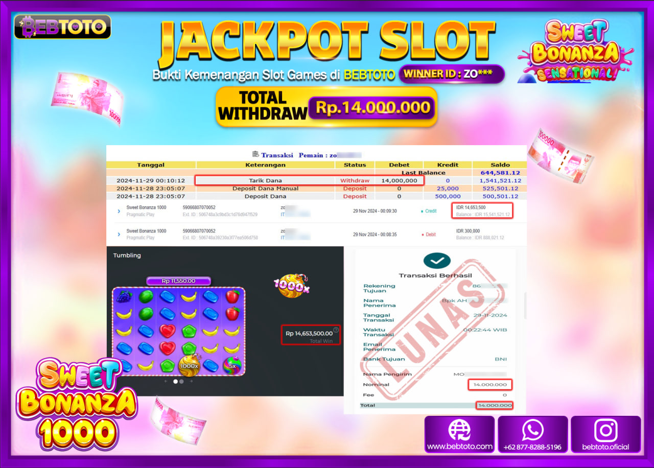 JACKPOT SLOT BEBTOTO SWEET BONANZA 1000 Rp.14.000.000.,- LUNAS