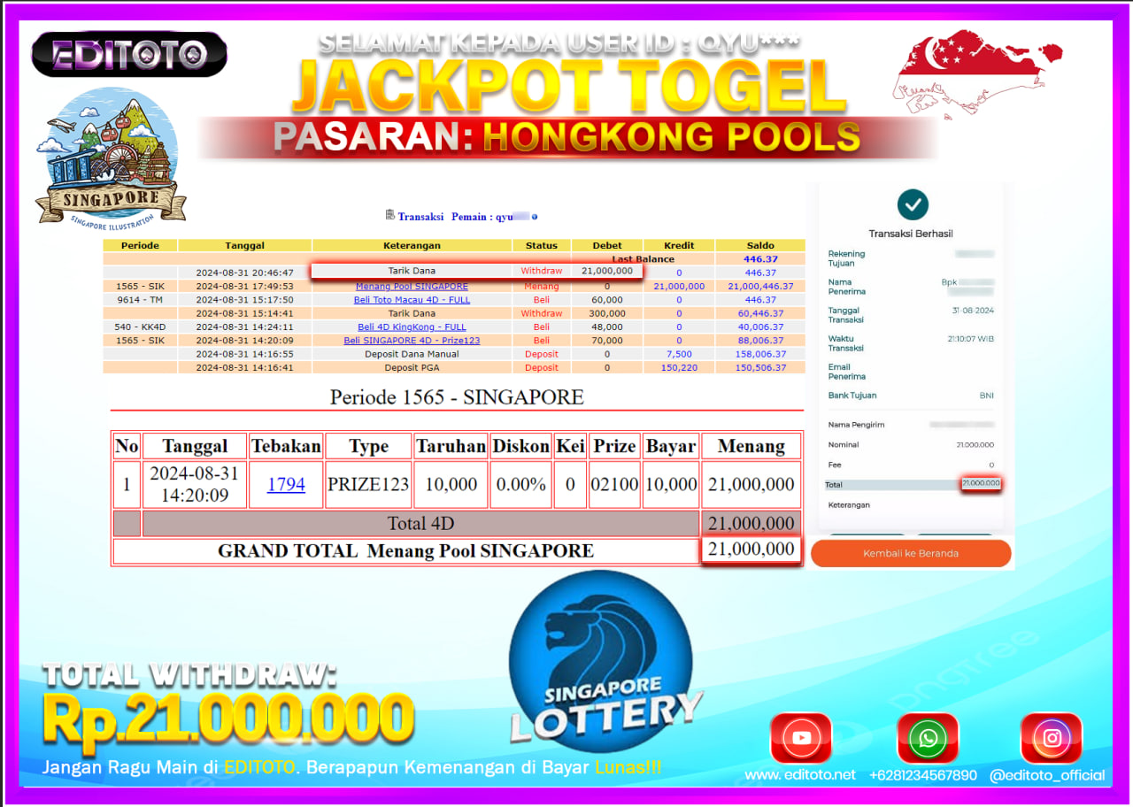 JACKPOT TOGEL PASARAN SINGAPORE Rp.21.000.000.,- LUNAS