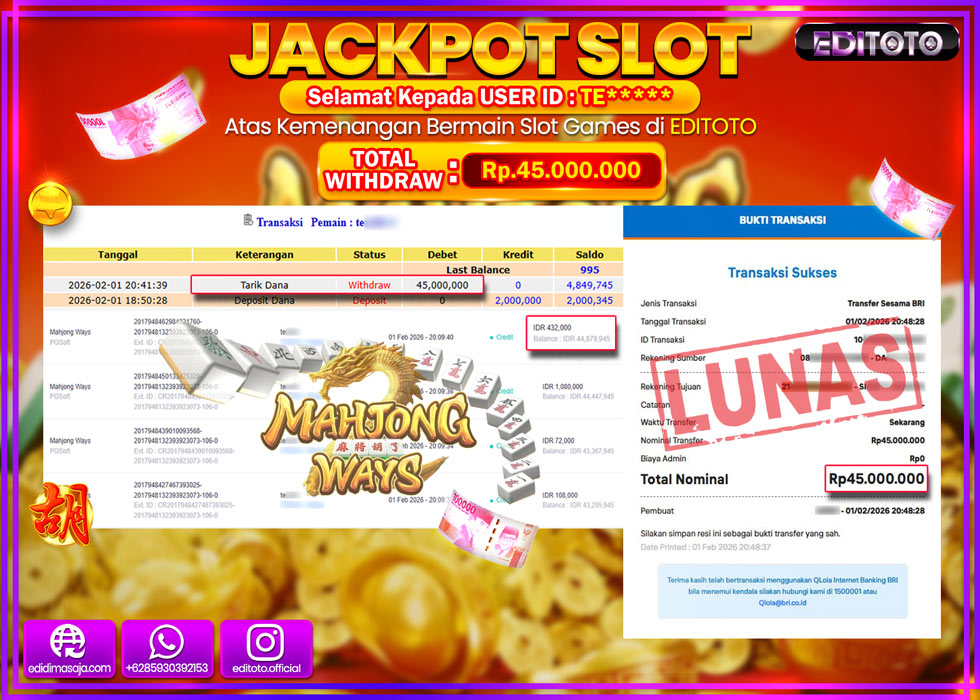 JACKPOT EDITOTO SLOT MAHJONG WAYS Rp.45.000.000,- LUNAS