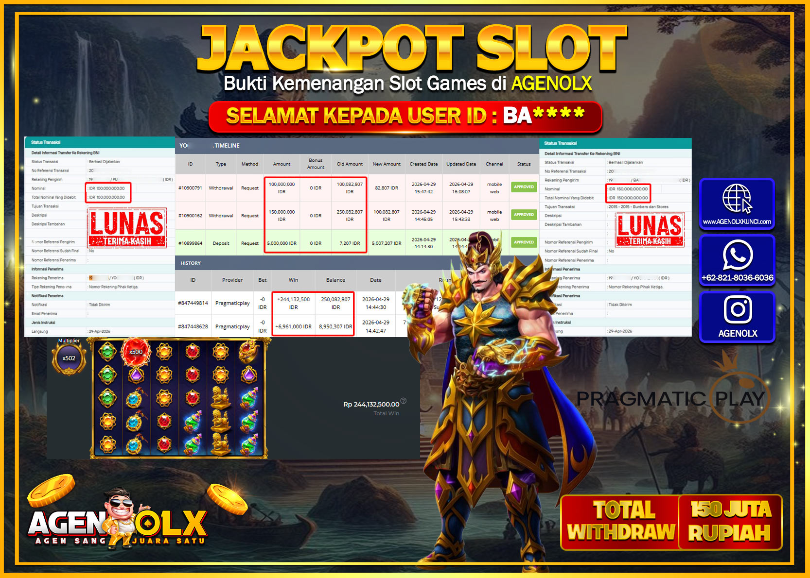 AGENOLX JACKPOT SLOT GATES OF GATOT KACA SUPER SCATTER  Rp 150.000.000 - LUNAS