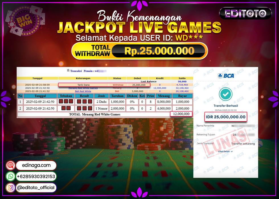 JACKPOT LIVE GAMES RED WHITE  Rp.25.000.000.,- LUNAS