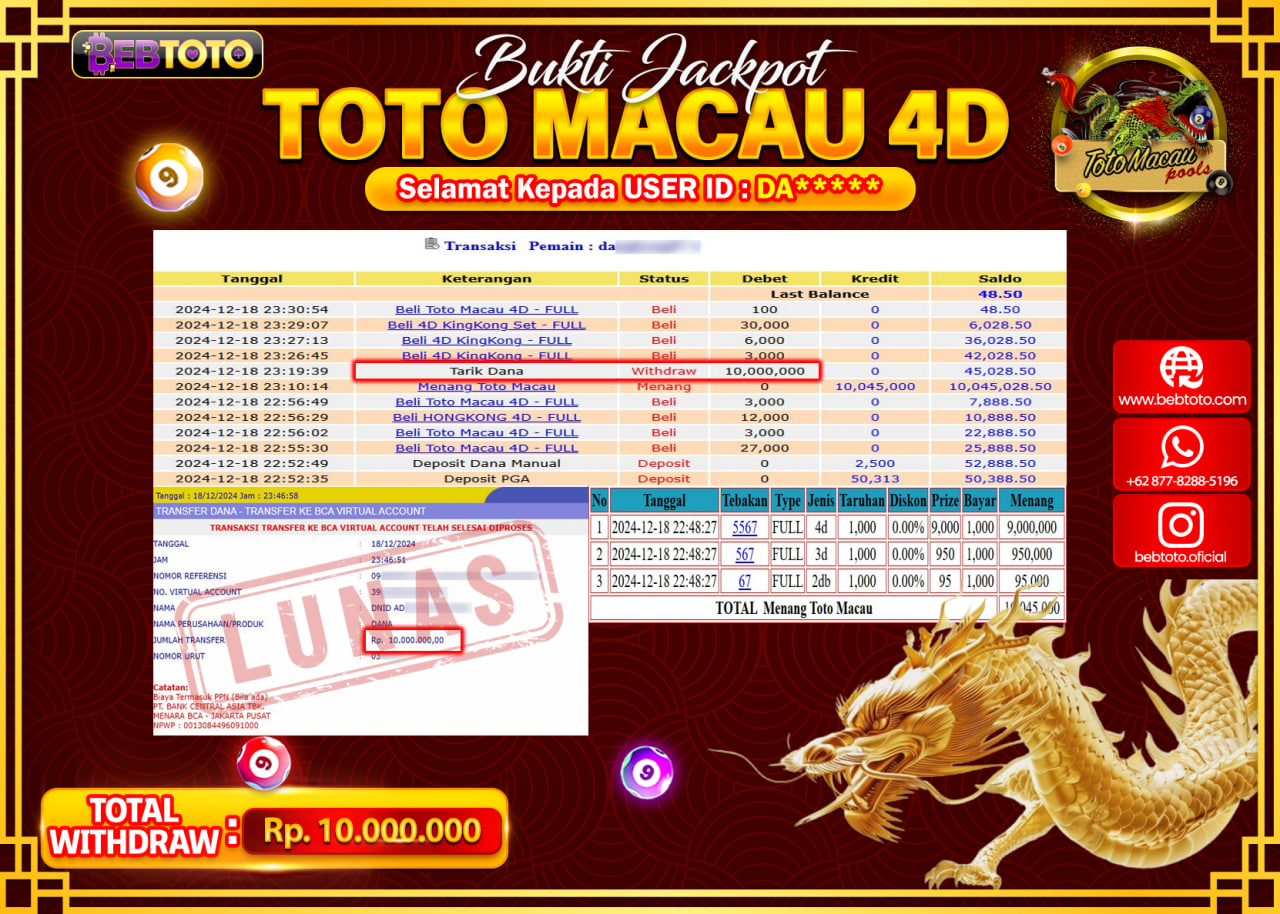 JACKPOT LIVE CASINO BEBTOTO TOTO MACAU 4D Rp.10.000.000.,- LUNAS