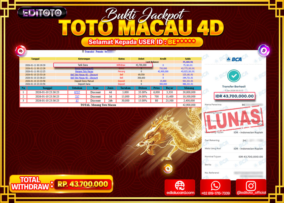 JACKPOT EDITOTO TOGEL PASARAN TOTO MACAU 4D Rp.43.700.000.,- LUNAS 