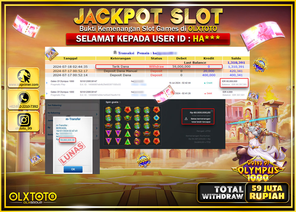 OLXTOTO JACKPOT  SLOT GATES OF OLYMPUS 1000 Rp.59.000.000.,- LUNAS
