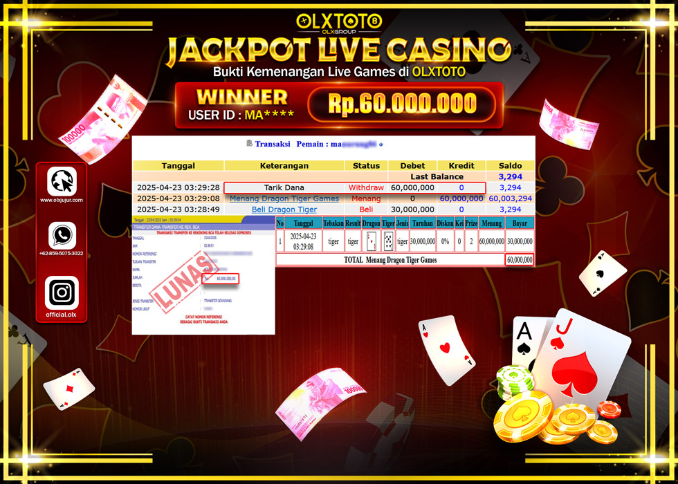 BINTANGSLOT77 JACKPOT  LIVE GAMES DRAGON TIGER Rp.60.000.000.,- LUNAS