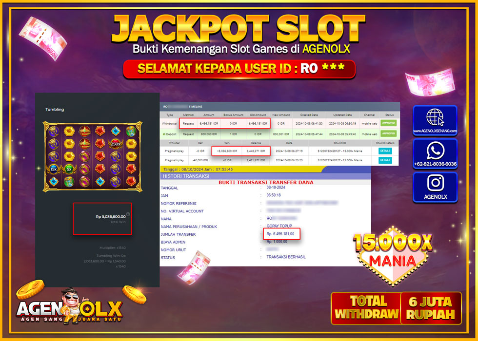 AGENOLX JACKPOT  SLOT 15.000 X MANIA Rp.6.000.000,- LUNAS