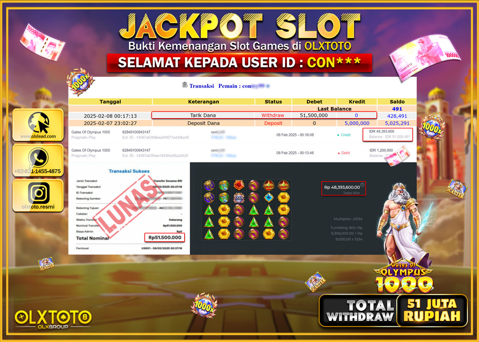 OLXTOTO JACKPOT  SLOT GATES OF OLYMPUS 1000 Rp.51.000.000.,- LUNAS