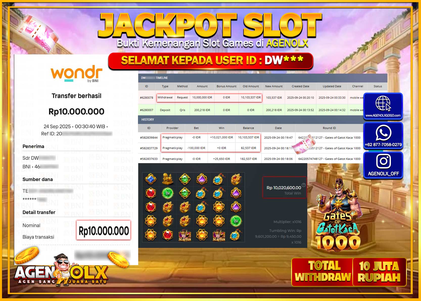 AGENOLX JACKPOT  SLOT GATES OF GATOT KACA 1000 Rp 10,000,000,- LUNAS