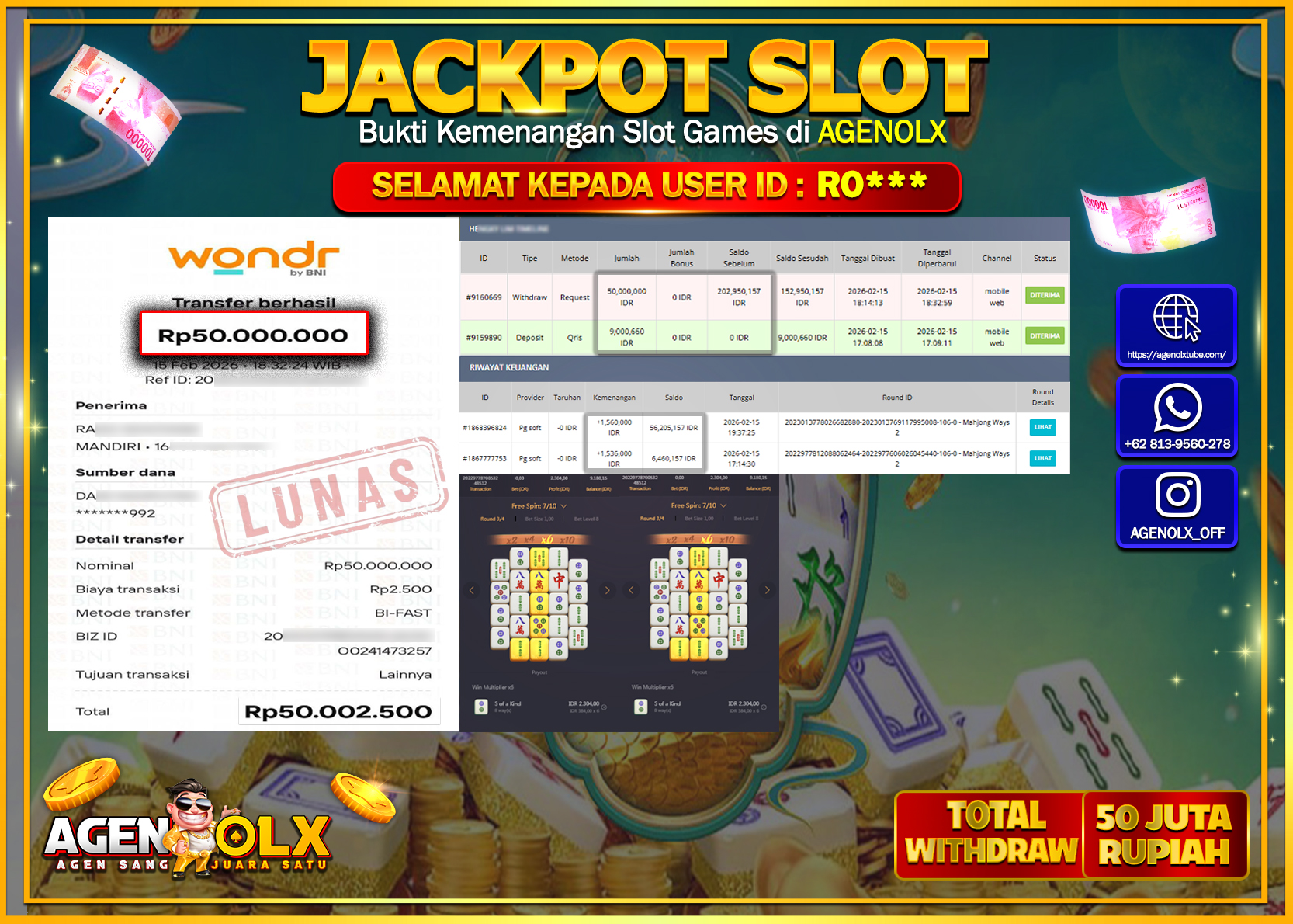 AGENOLX JACKPOT SLOT MAHJONG WAYS 2  Rp 50.000.000 - LUNAS  