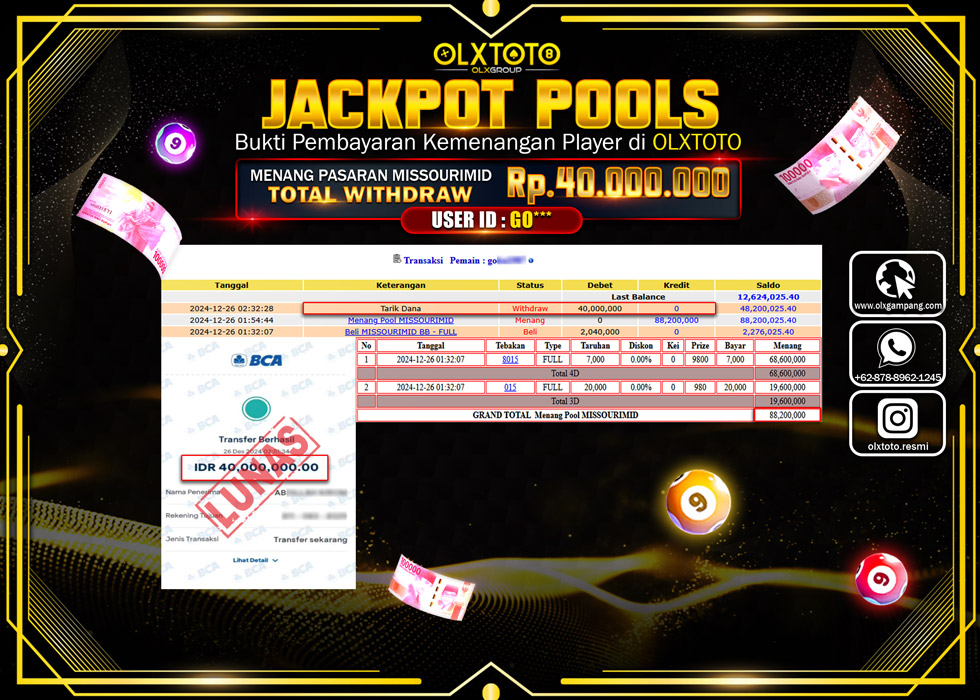 OLXTOTO JACKPOT  TOGEL POOL MISSOURIMID Rp.40.000.000.,- LUNAS