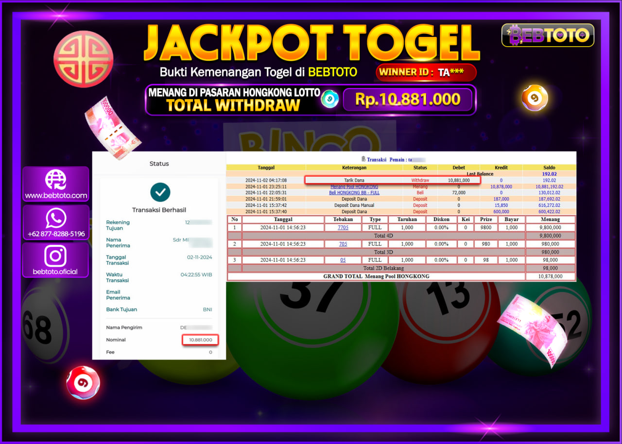 JACKPOT TOGEL BEBTOTO HONGKONG LOTTO Rp.10.881.000.,- LUNAS