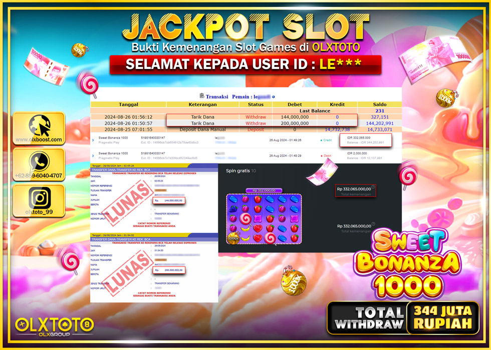 OLXTOTO JACKPOT  SLOT SWEET BONANZA 1000 Rp.344.000.000.,- LUNAS