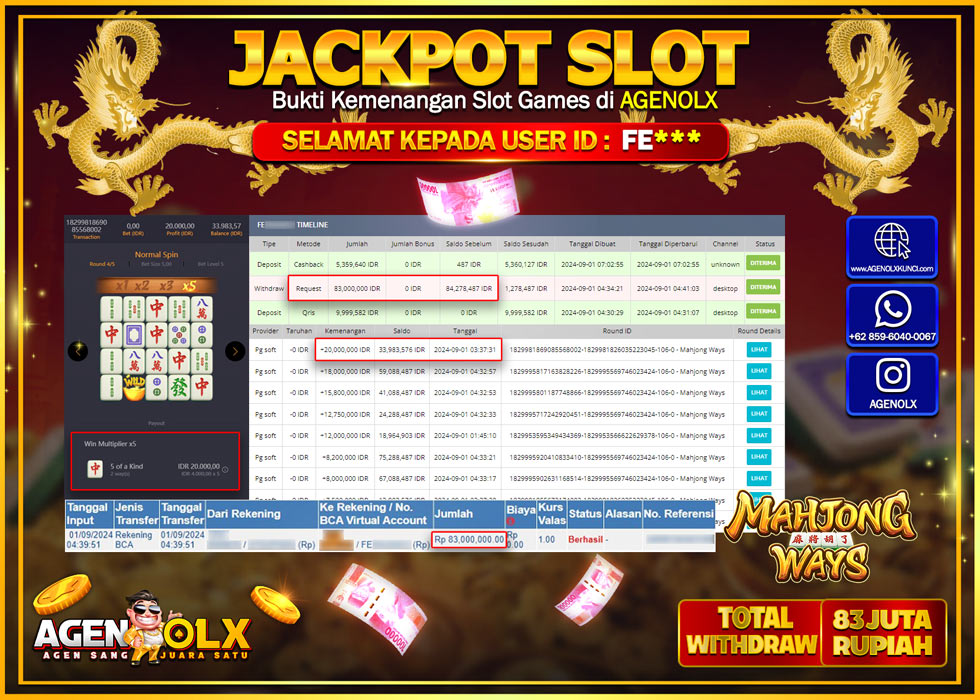 AGENOLX JACKPOT SLOT MAHJONG WAYS Rp.83.000.000,- LUNAS