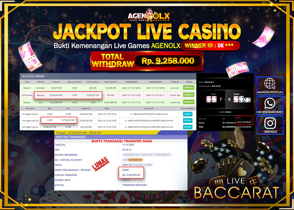 AGENOLX JACKPOT  LIVE GAMES BACCARAT  Rp.9.000.000,- LUNAS