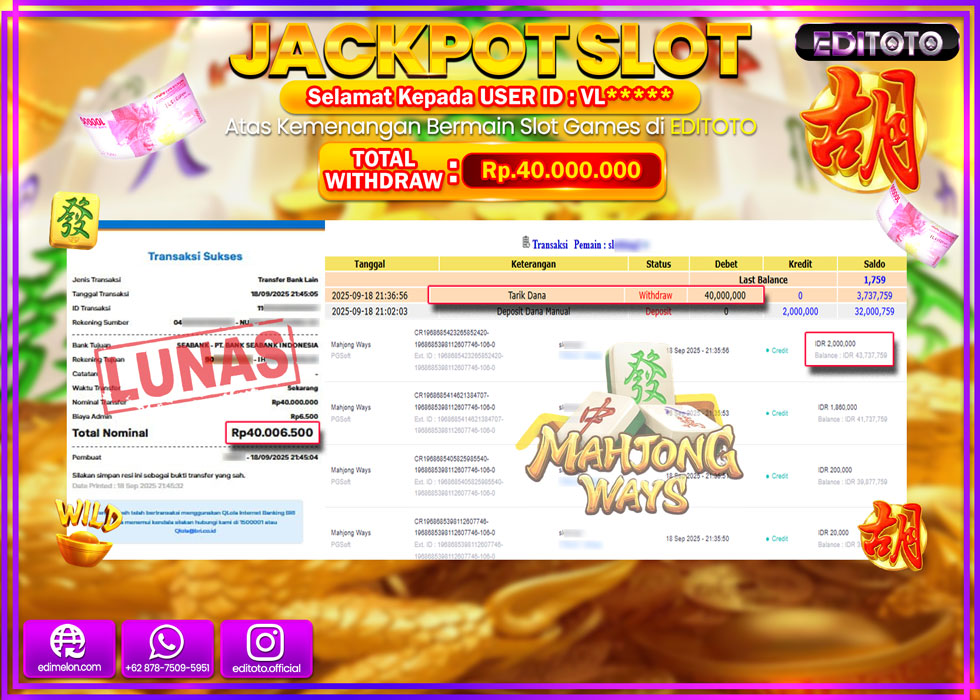 JACKPOT EDITOTO SLOT MAHJONG WAYS Rp.40.000.000,- LUNAS 