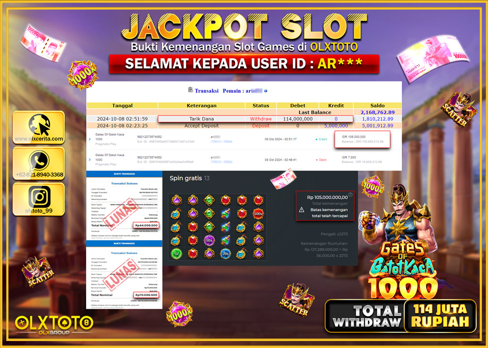 OLXTOTO JACKPOT  SLOT GATES OF GATOT KACA 1000 Rp.114.000.000.,- LUNAS