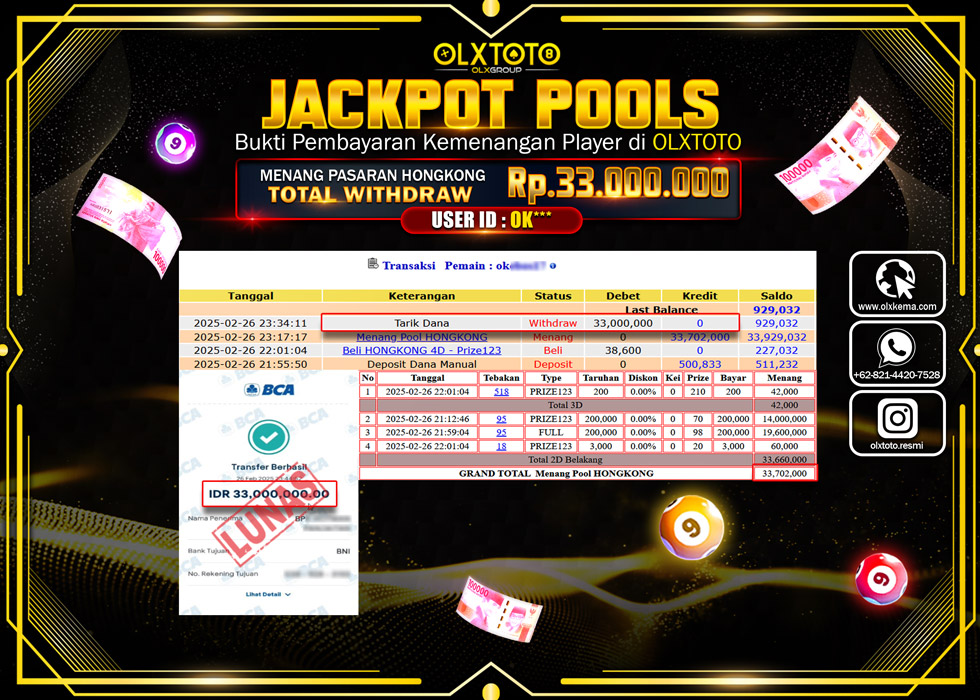 OLXTOTO JACKPOT TOGEL PASARAN HONGKONG Rp.33.000.000.,- LUNAS