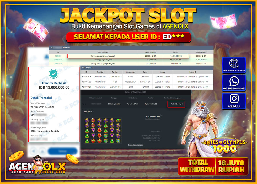 AGENOLX JACKPOT SLOT GATES OF OLYMPUS 1000 Rp.18.000.000,- LUNAS