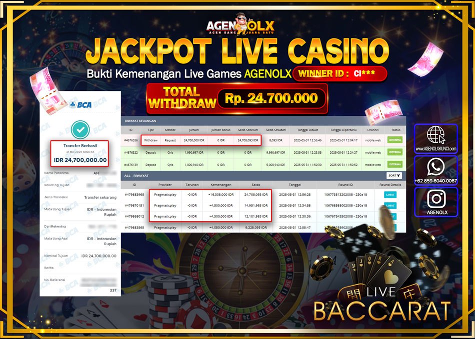 AGENOLX JACKPOT LIVE CASSINO Rp 24.700.000,- LUNAS
