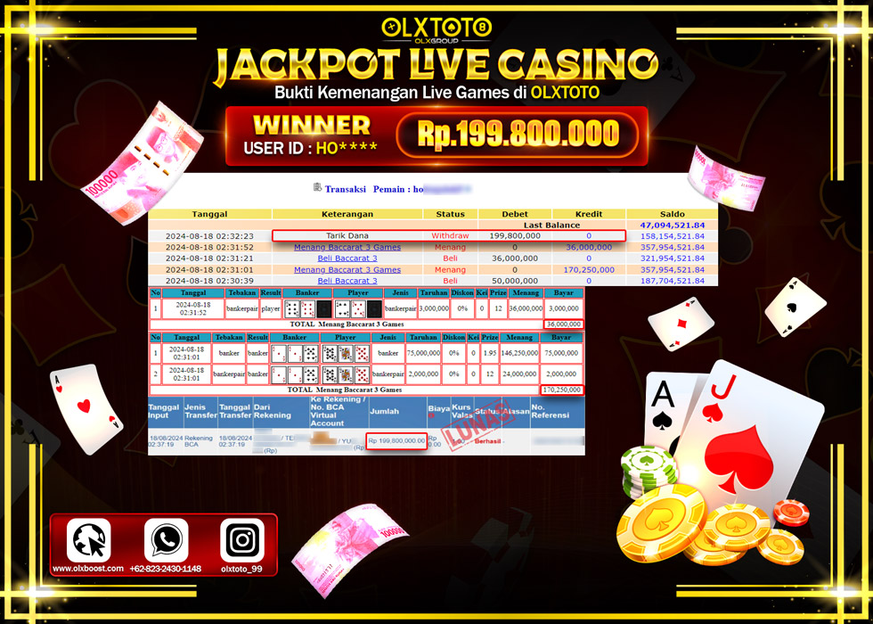 OLXTOTO JACKPOT  LIVE GAMES BACCARAT Rp.199.800.000.,- LUNAS