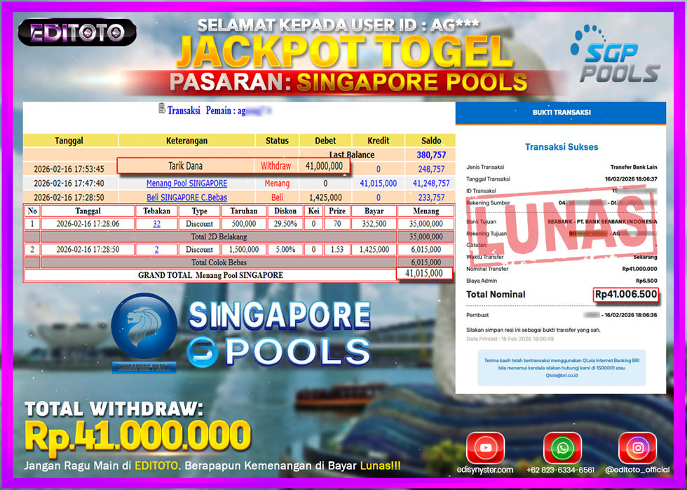 JACKPOT EDITOTO TOGEL PASARAN SINGAPORE POOLS Rp.41.000.000.,- LUNAS