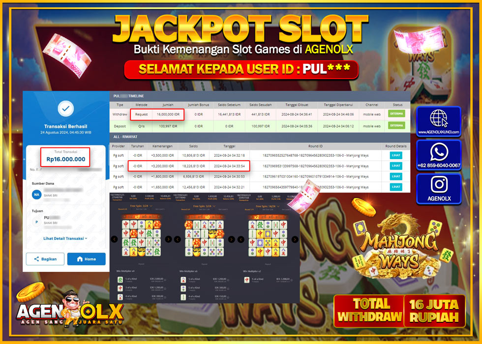 AGENOLX JACKPOT SLOT MAHJONG WAYS Rp.16.000.000,- LUNAS