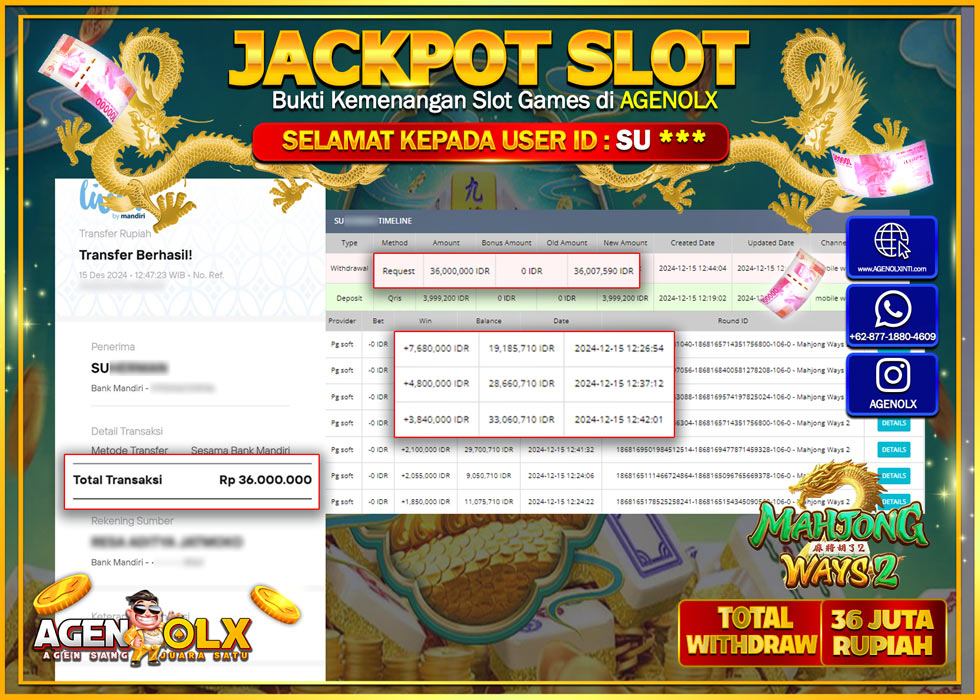 AGENOLX JACKPOT MAHJONG WAYS 2 Rp 36.000.000,- LUNAS