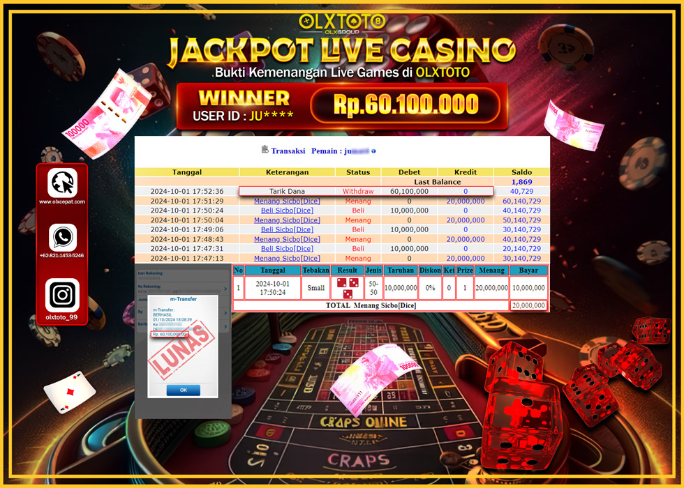 OLXTOTO JACKPOT  LIVE GAMES SICBO [DICE] Rp.60.100.000.,- LUNAS