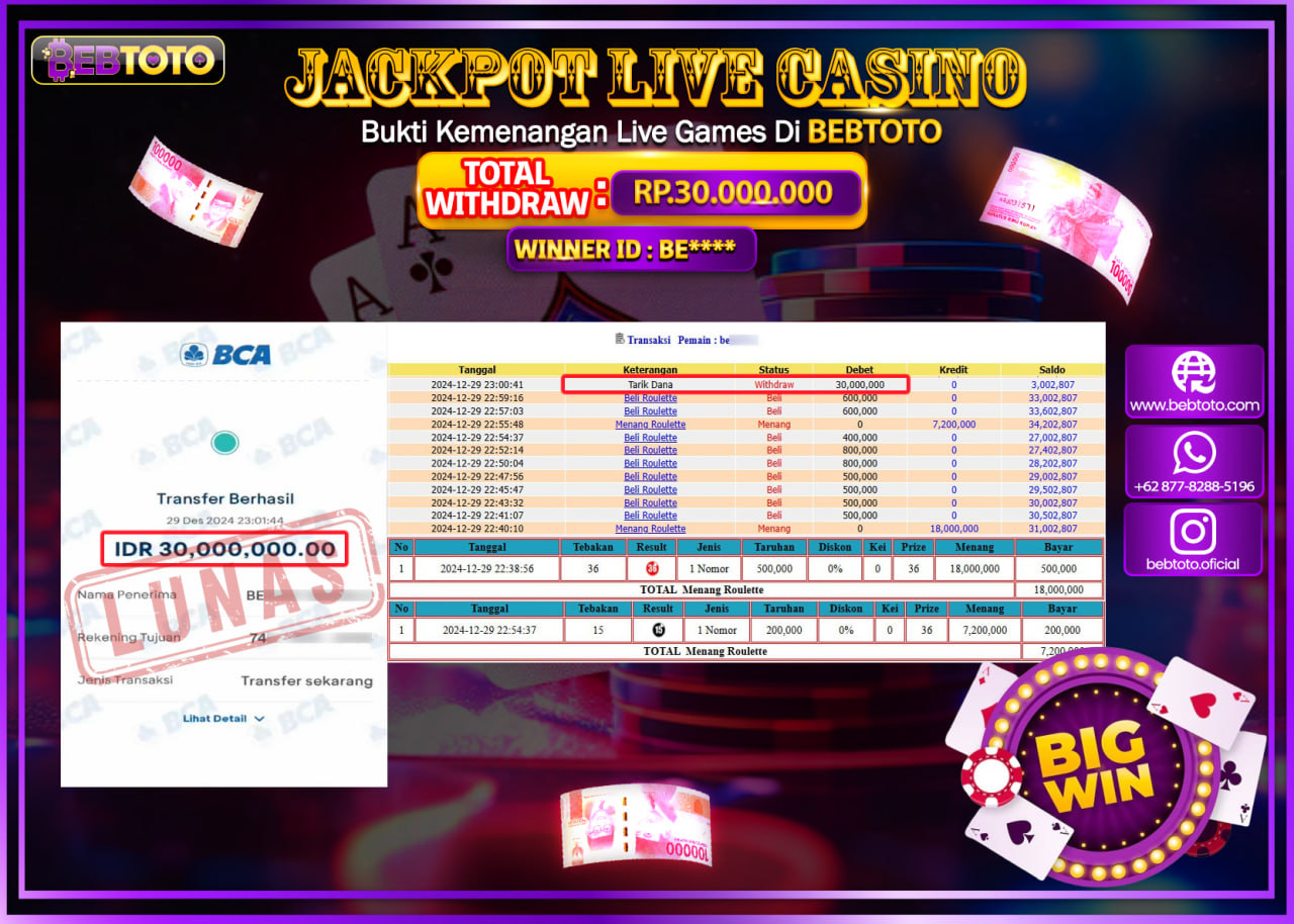 JACKPOT LIVE CASINO BEBTOTO ROULETTE Rp.30.000.000.,- LUNAS