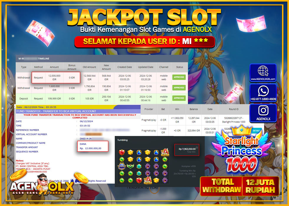 AGENOLX JACKPOT SLOT STARLIGHT PRINCESS 1000 Rp 12.000.000,- LUNAS