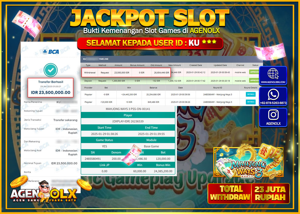 AGENOLX JACKPOT SLOT MAHJONG WAYS 3 Rp 23.500.000,- LUNAS