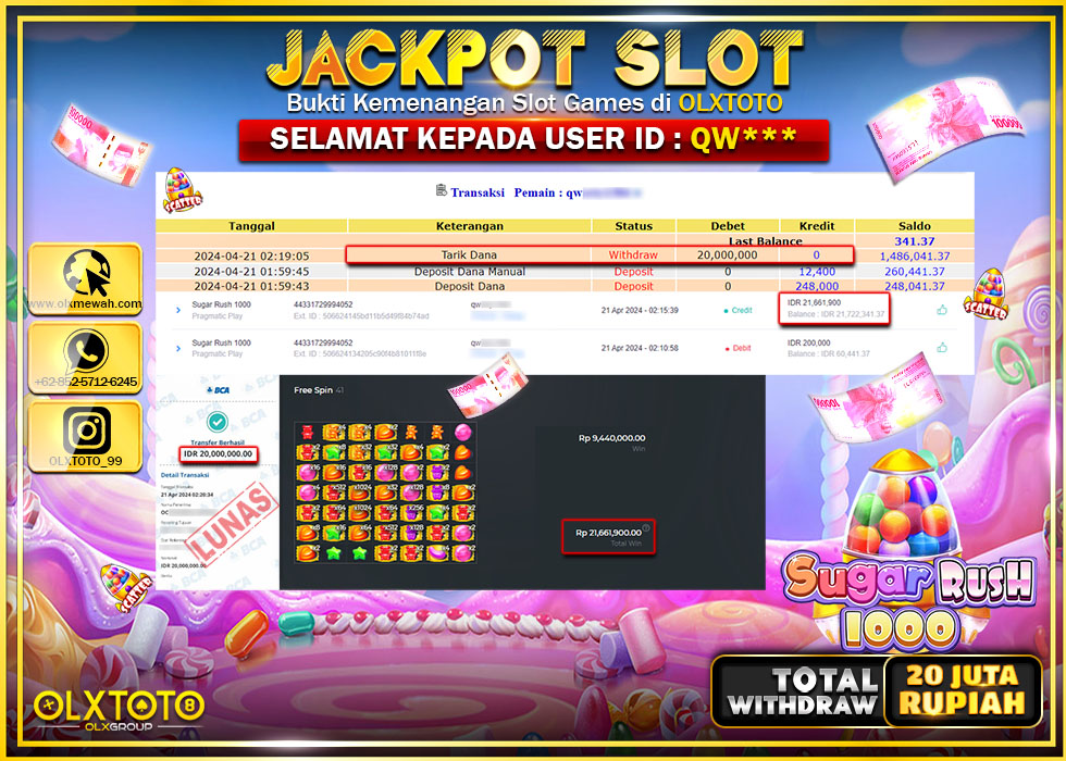 OLXTOTO JACKPOT SLOT SUGAR RUSH 1000 Rp.20.000.000.,- LUNAS