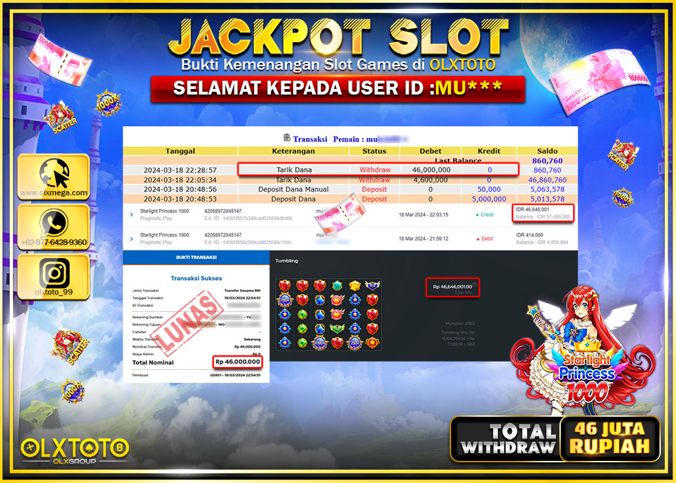 OLXTOTO JACKPOT SLOT STARLIGHT PRINCESS 1000 Rp.46.000.000.,- LUNAS