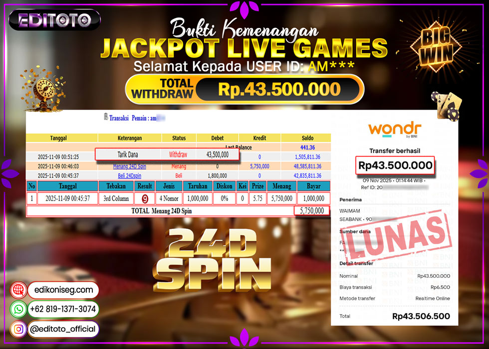 JACKPOT EDITOTO LIVE GAMES 24D SPIN Rp. 43.500.000.,- LUNAS