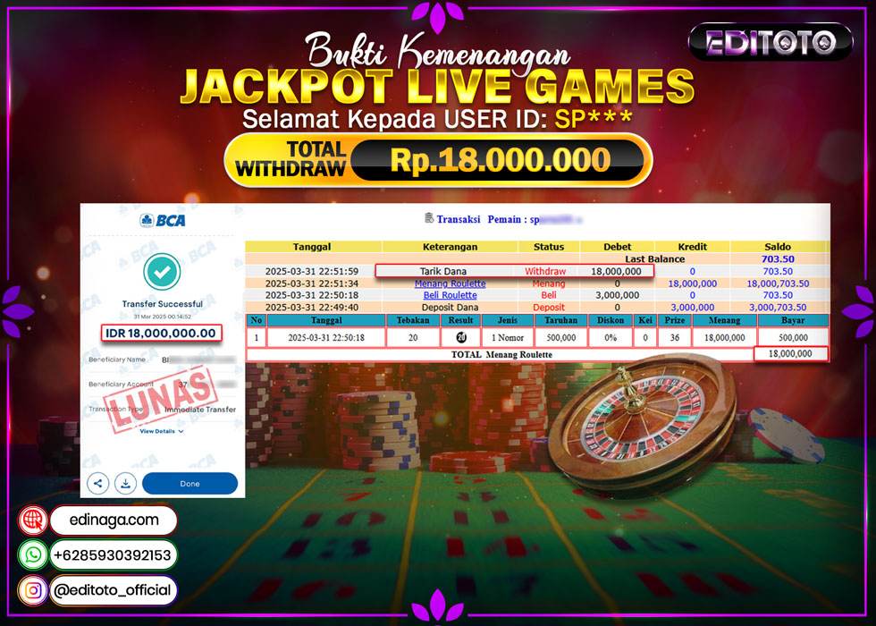 JACKPOT LIVE GAMES ROULLETE Rp.18.000.000.,- LUNAS