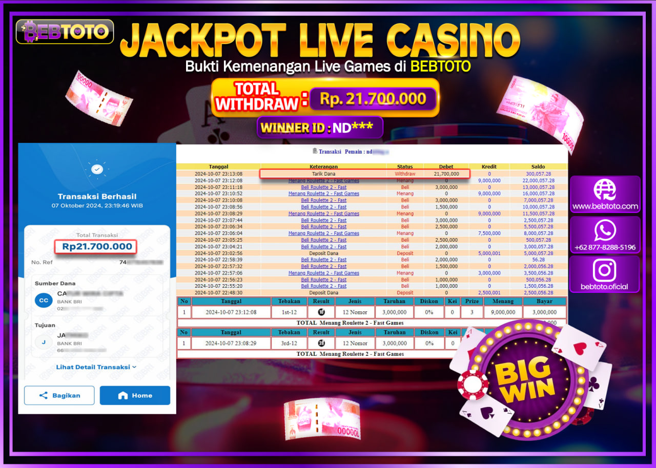 JACKPOT LIVE CASINO BEBTOTO ROULETEE Rp.21.700.000.,- LUNAS