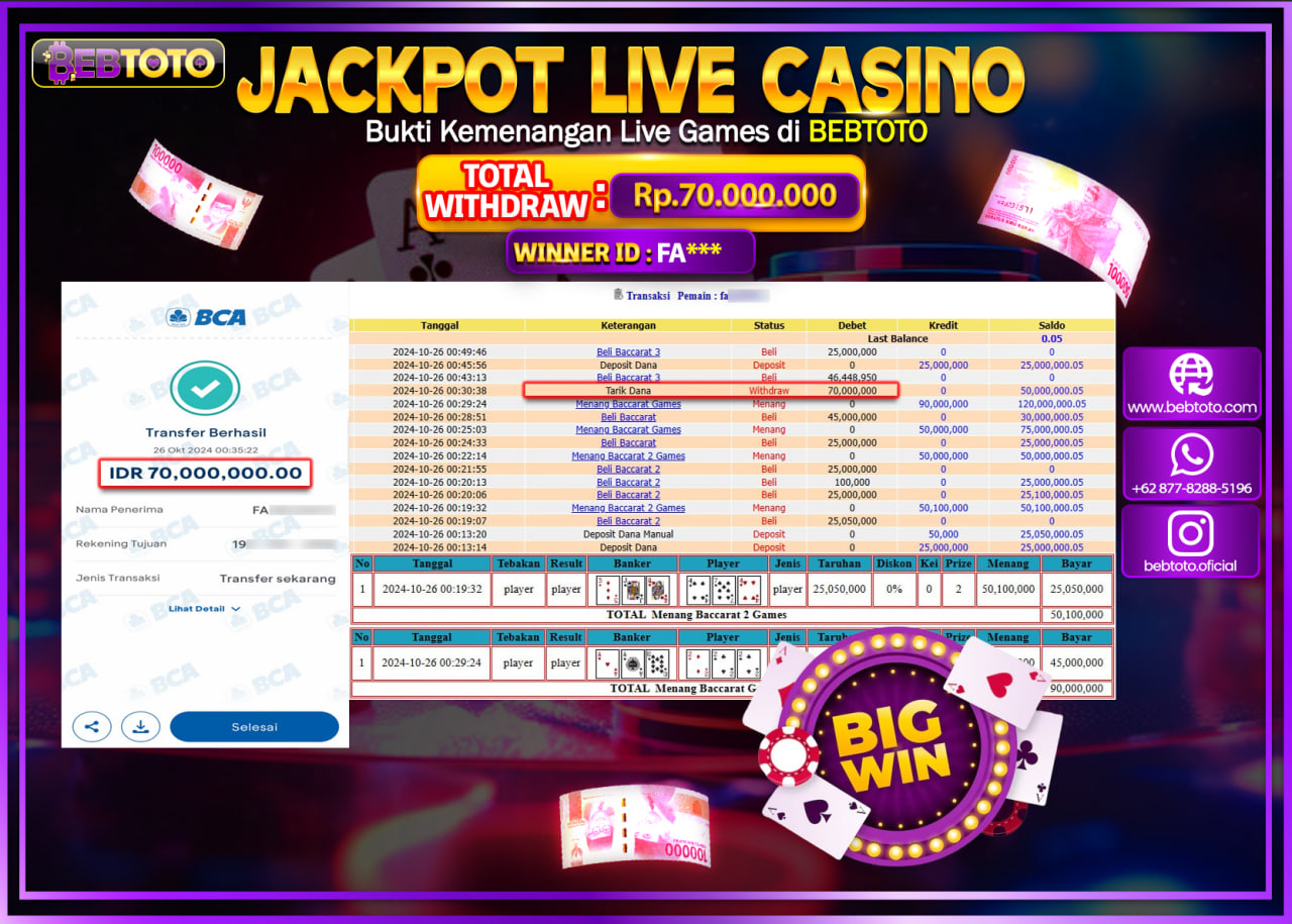 JACKPOT LIVE CASINO BEBTOTO BACCARAT Rp.70.000.000.,- LUNAS