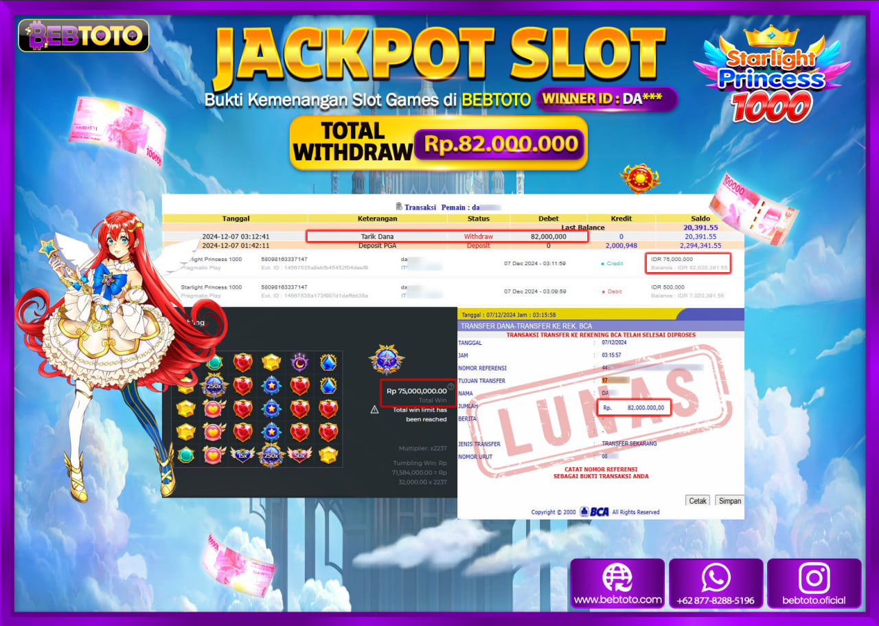 JACKPOT SLOT BEBTOTO STARLIGHT PRINCESS 1000 Rp.82.000.000.,- LUNAS